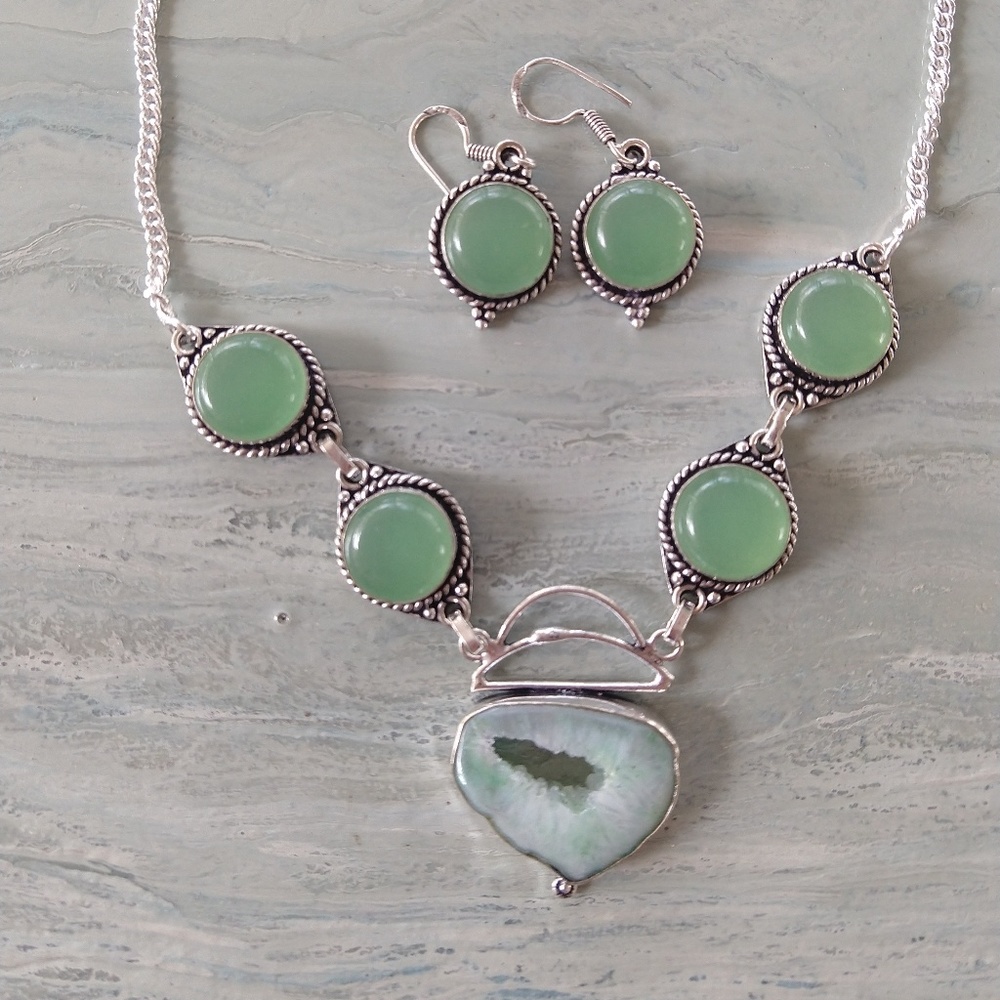 Solar quartz Chalcedony 925 silver necklace set